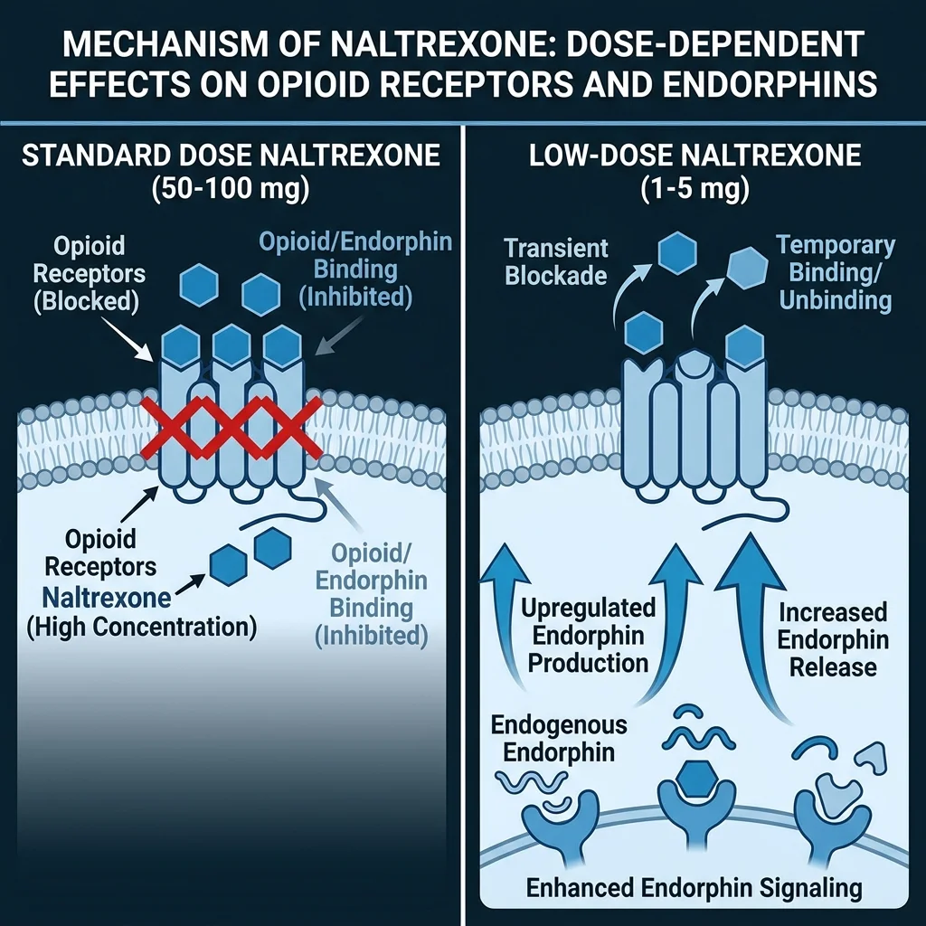 Side-by-side comparison diagram showing how standard-dose and low-dose naltrexone work on different receptor pathways