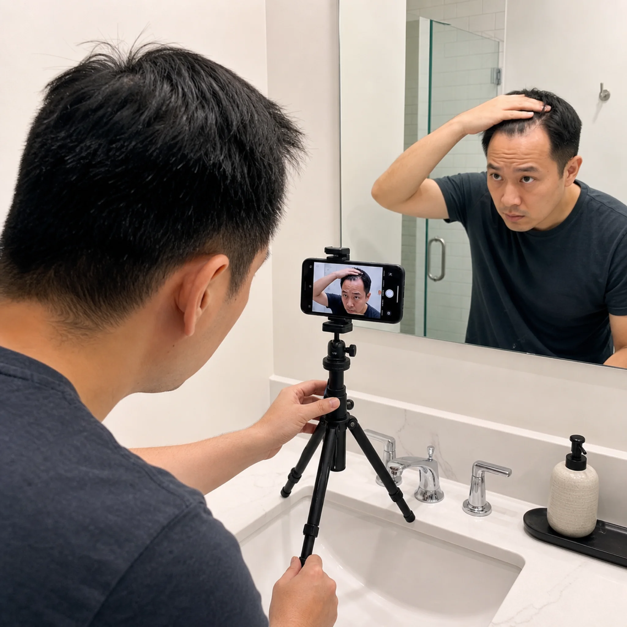 Person setting up standardized lighting and camera position for tracking hair growth progress
