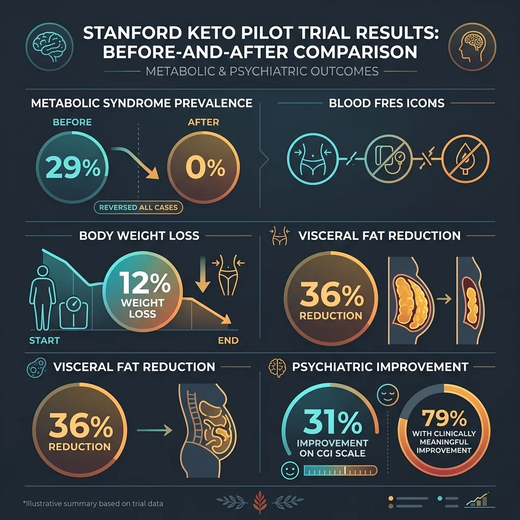 Infographic showing Stanford pilot trial results: metabolic syndrome dropped from 29% to 0%, 12% weight loss, 36% visceral fat reduction, 31% psychiatric improvement