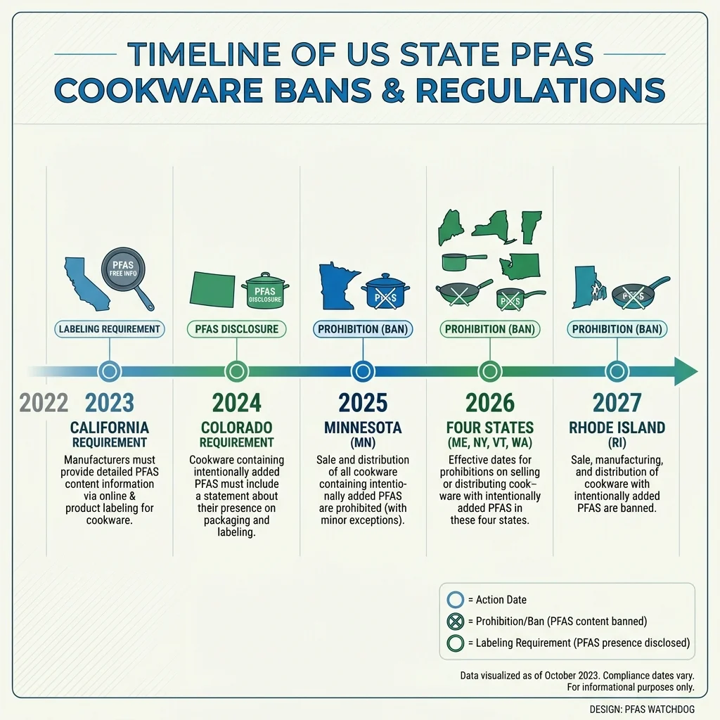 Timeline of US state bans on PFAS in cookware from 2023 through 2027