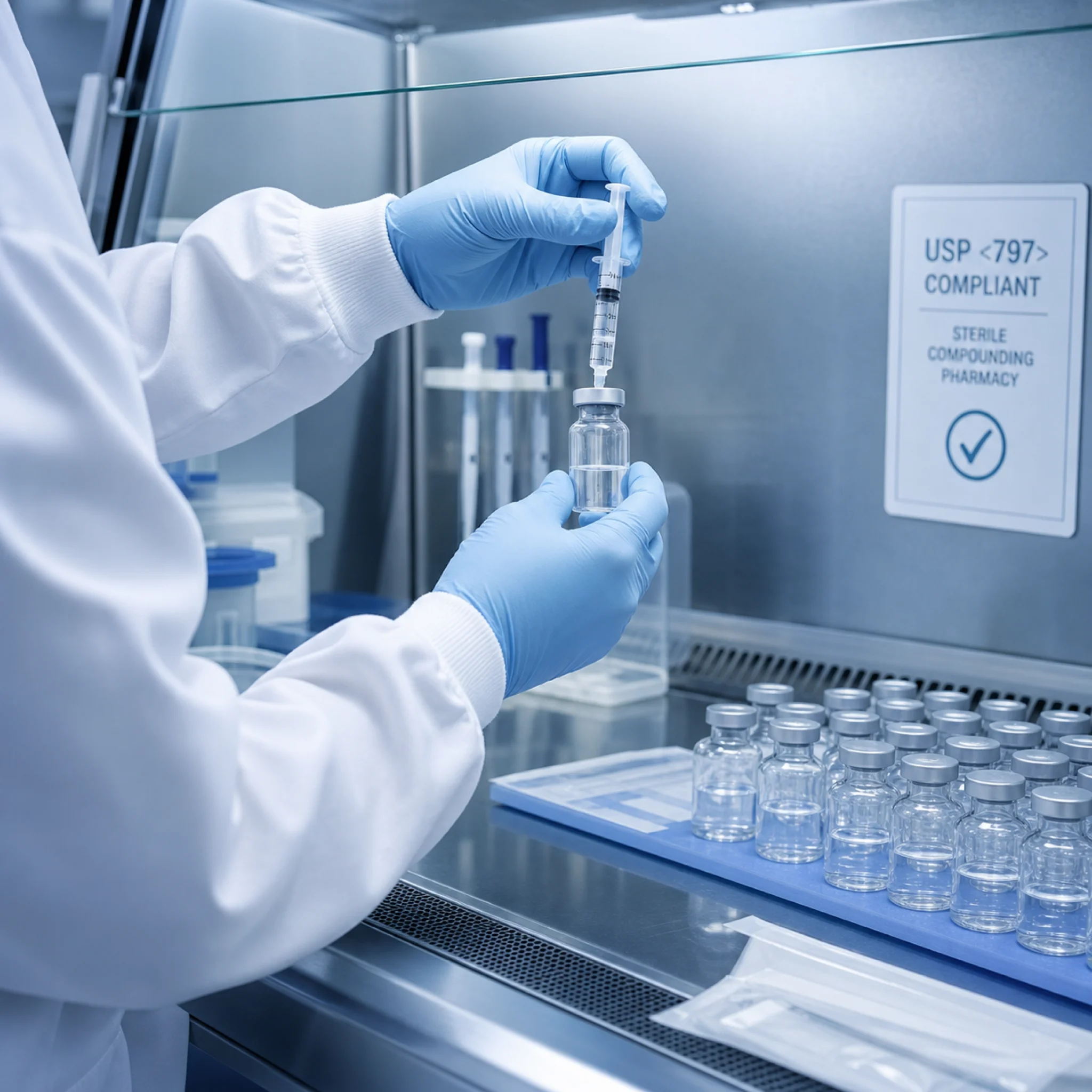 a sterile compounding pharmacy clean room: pharmacist in white coat (face not visible, side angle) measuring a clear liquid into a sterile vial under a laminar flow hood, with neat