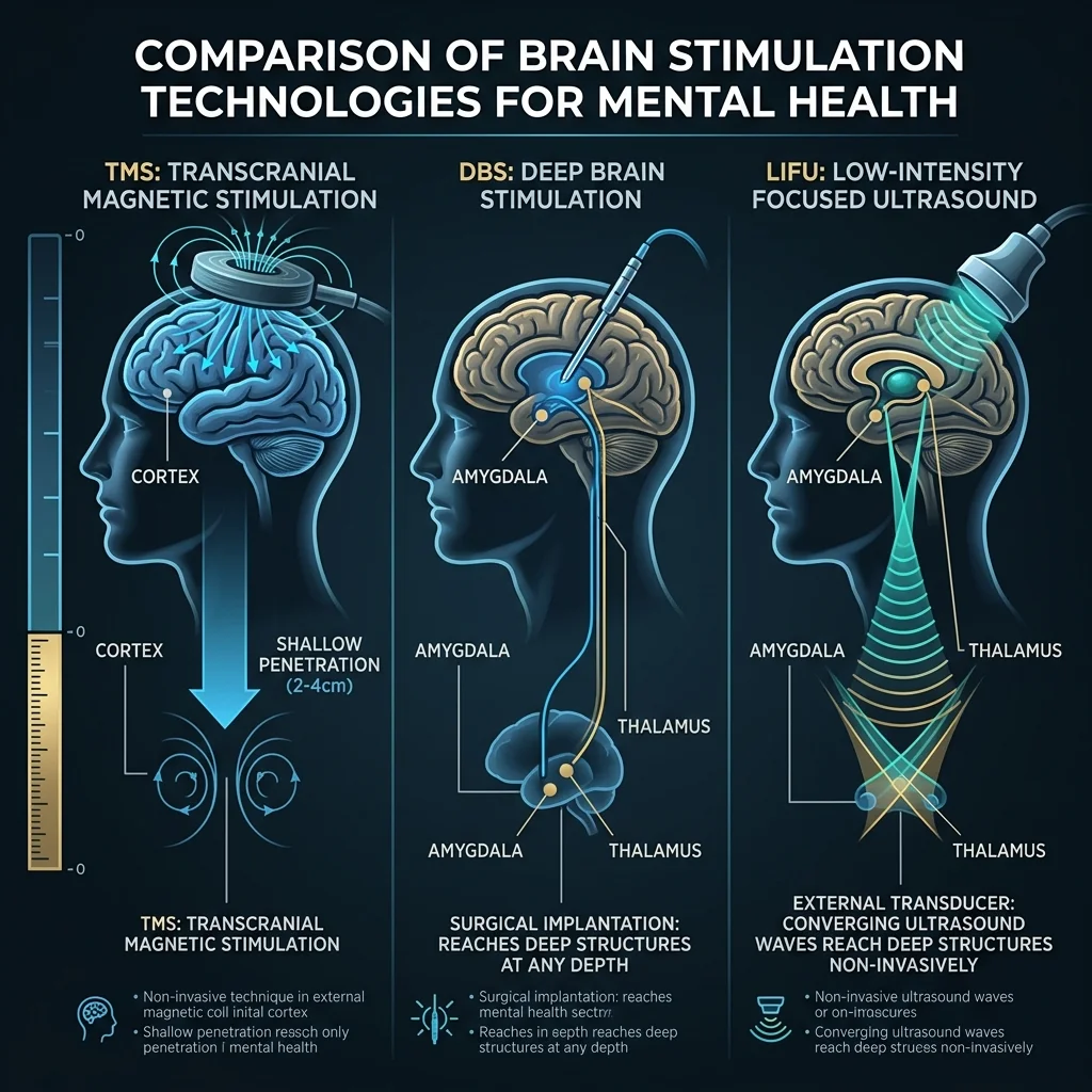 Comparison infographic showing how TMS reaches only the cortex, DBS requires surgical implants, and focused ultrasound reaches deep brain structures non-invasively