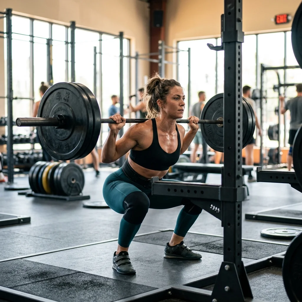 Athlete performing barbell squat during high-energy follicular phase training session