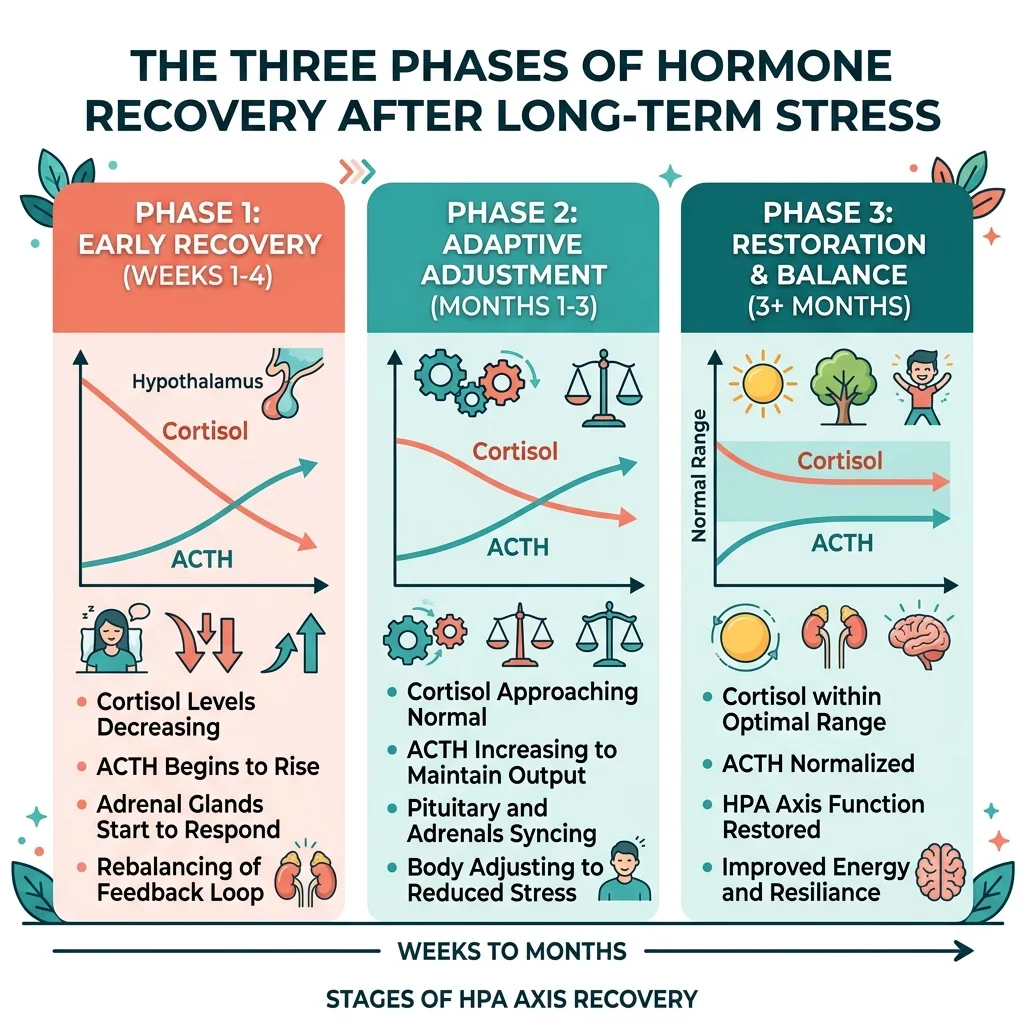 Infographic showing three phases of HPA axis recovery after prolonged stress with cortisol and ACTH levels