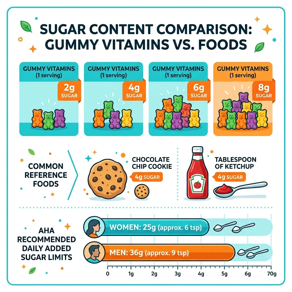 Infographic comparing sugar content in gummy vitamins to common foods and AHA daily sugar limits