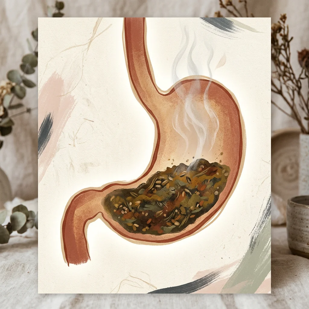 Stylized illustration of a stomach silhouette with slow-clearing food and faint vapor rising, soft editorial palette, no faces, photorealistic editorial style