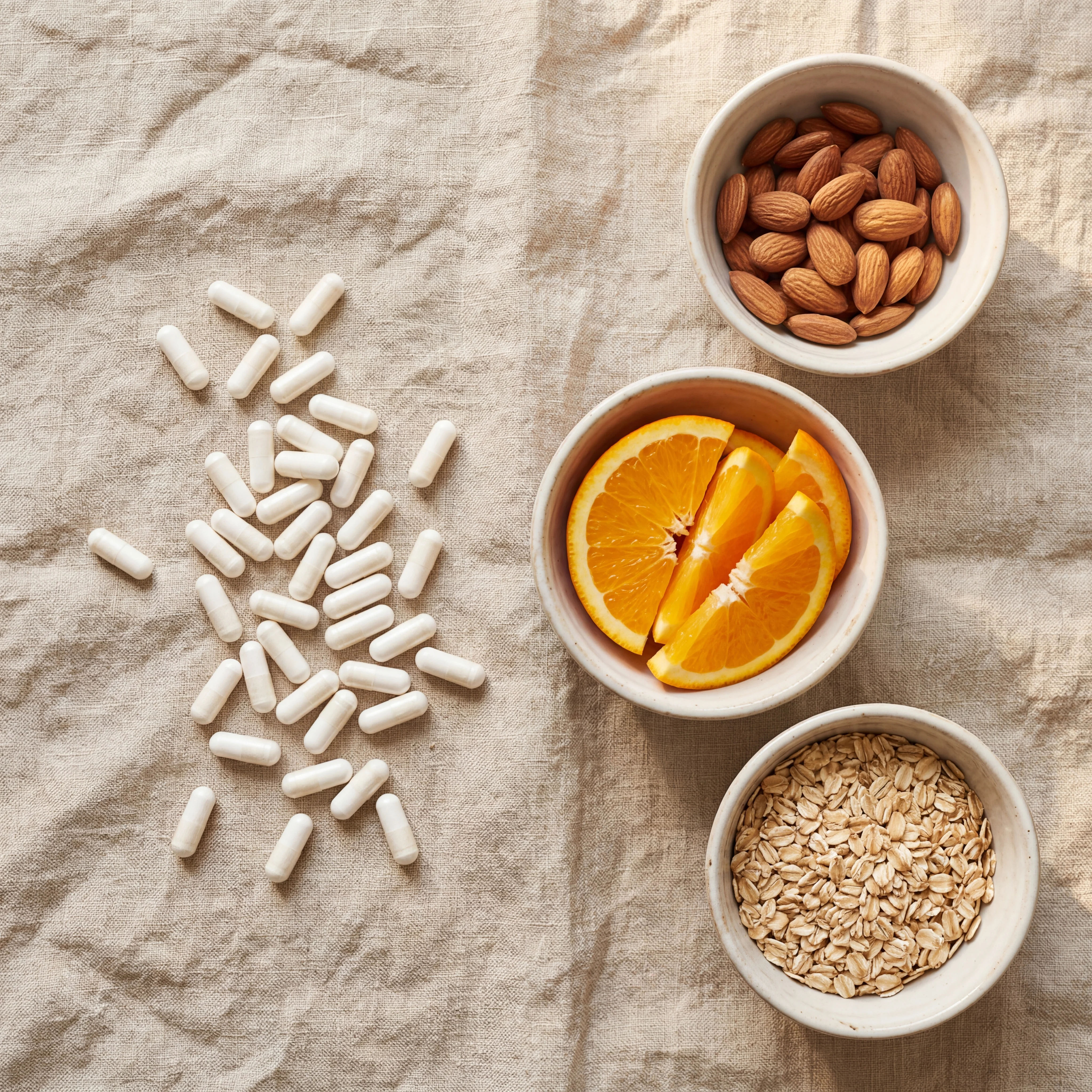Myo-inositol supplement capsules next to bowls of almonds, citrus slices, and oats representing natural dietary sources