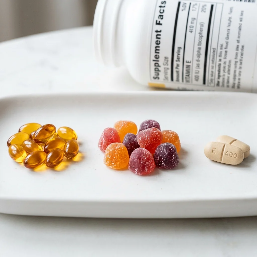 Comparison of vitamin E supplement forms: gel capsules, gummy vitamins, and traditional tablets