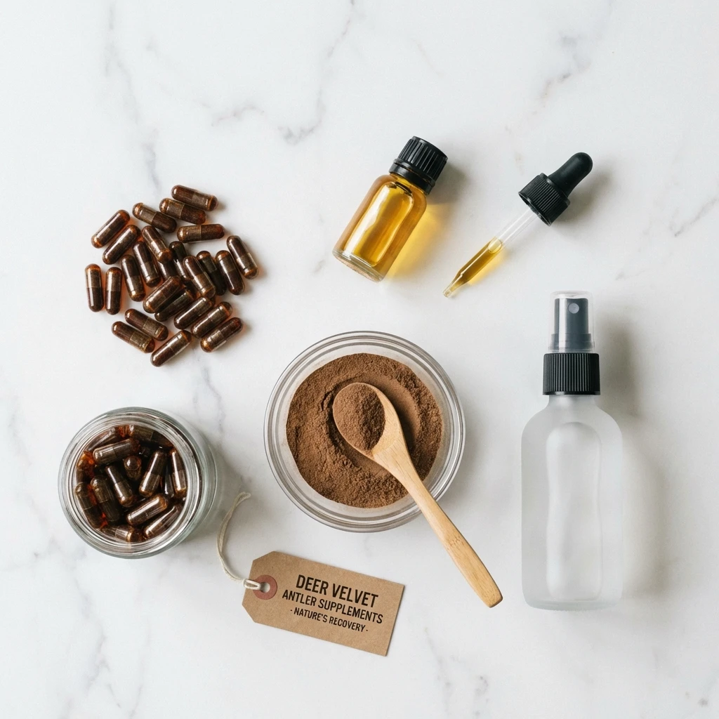 Different forms of deer velvet antler supplements including capsules, liquid extract, and powder arranged on a white surface