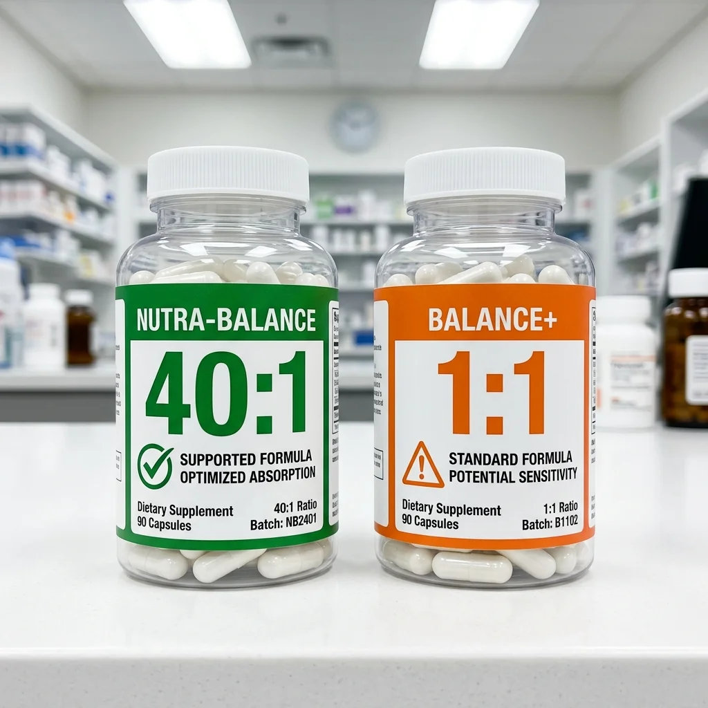 Side-by-side comparison of two supplement labels showing different myo-inositol to D-chiro-inositol ratios