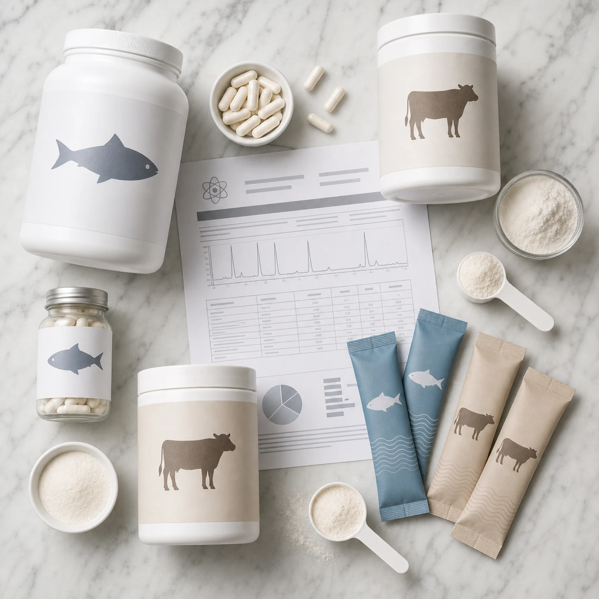 Various marine and bovine collagen supplement products arranged with laboratory testing documentation