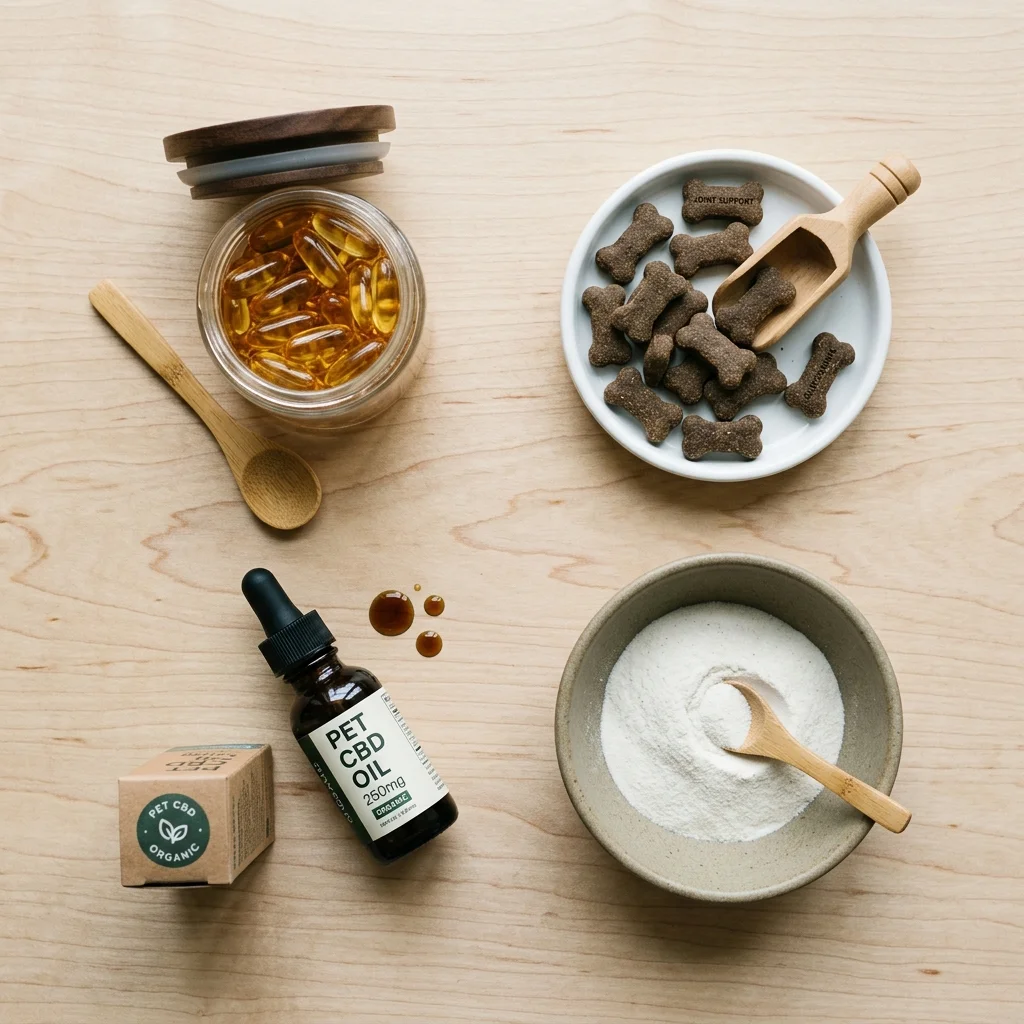 Various pet supplement types including fish oil, joint chews, probiotic powder, and CBD oil arranged on a wooden surface