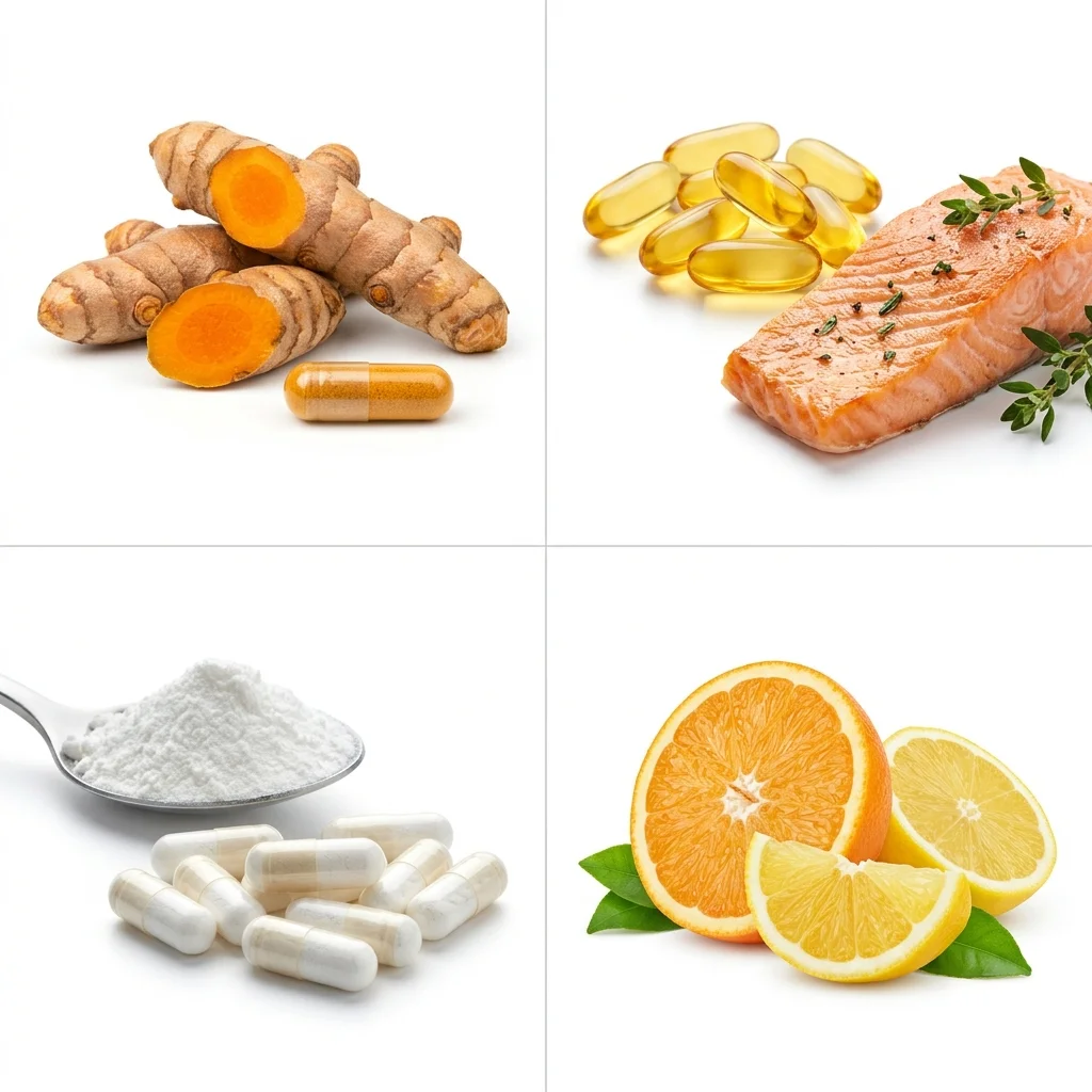 Infographic comparing research evidence levels for omega-3, curcumin, NAC, and vitamin supplements for endometriosis