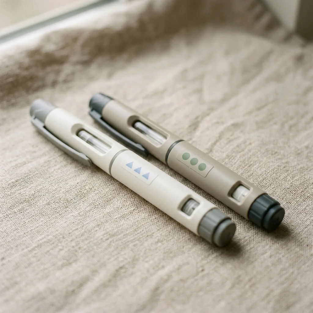 Two unbranded GLP-1 injection pens side by side, illustrating the clinical decision to switch molecules when one stalls.