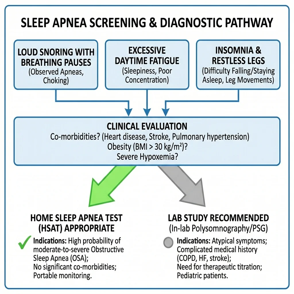 Decision flowchart showing which sleep symptoms point toward home testing versus in-lab sleep study