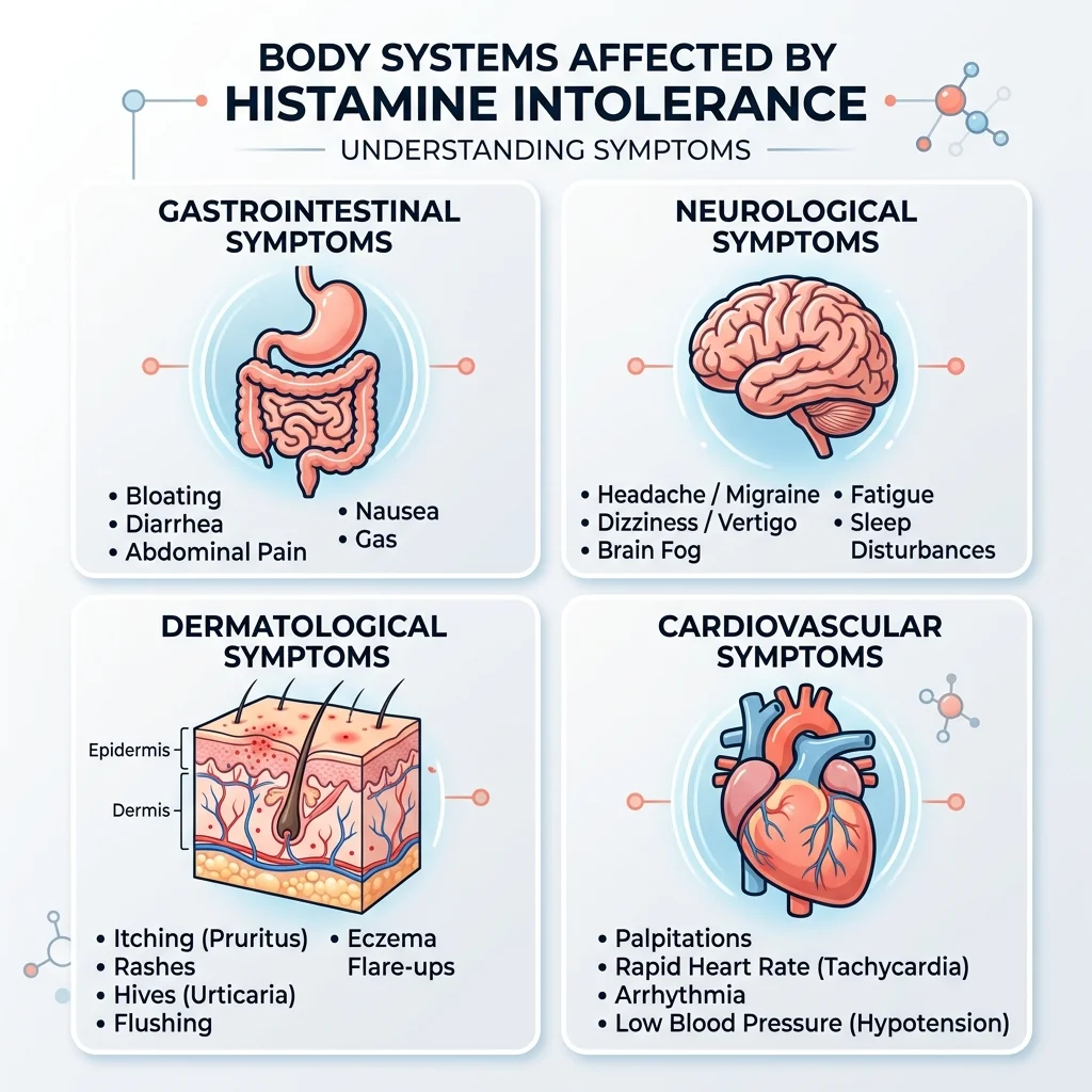 Infographic showing the four body systems affected by histamine intolerance including gastrointestinal, neurological, dermatological, and cardiovascular symptoms