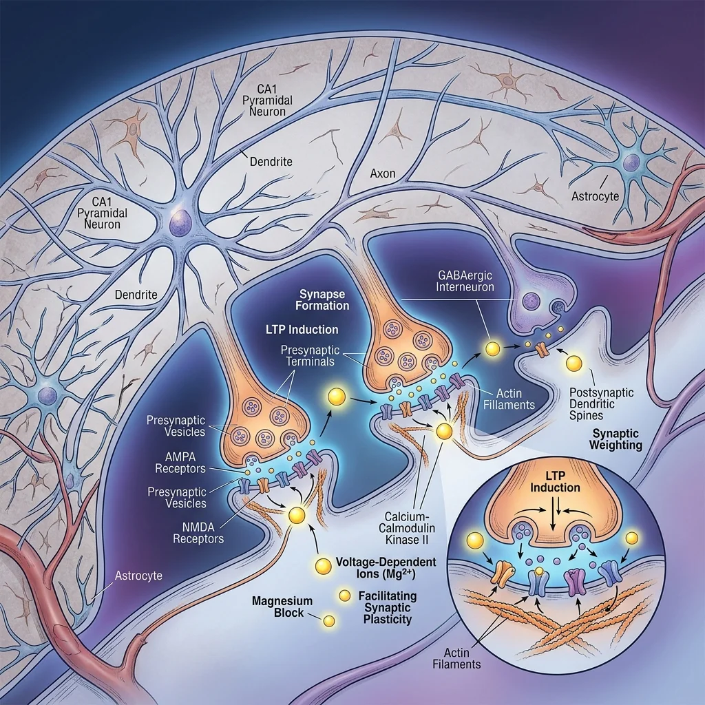Illustration of magnesium ions facilitating synapse formation in hippocampal brain tissue