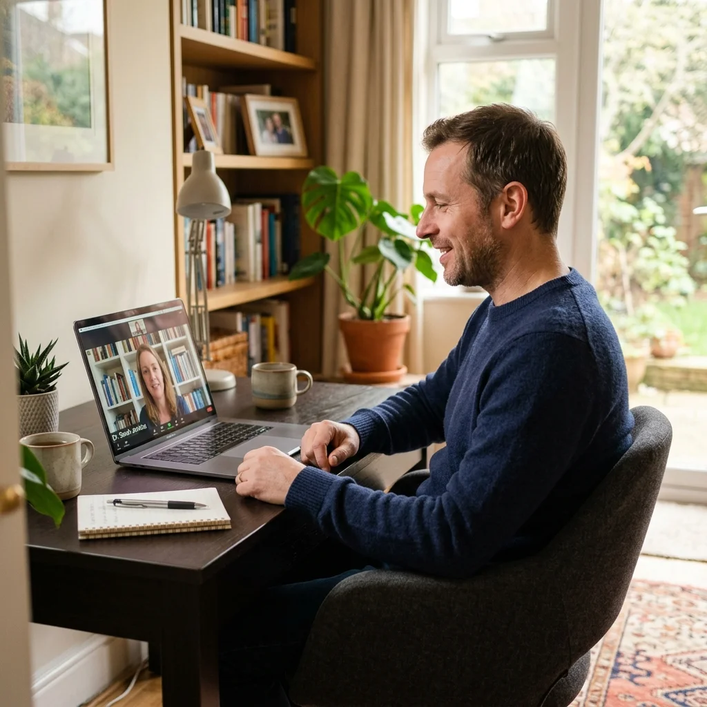 Man participating in a video therapy session from his home office, appearing relaxed and engaged