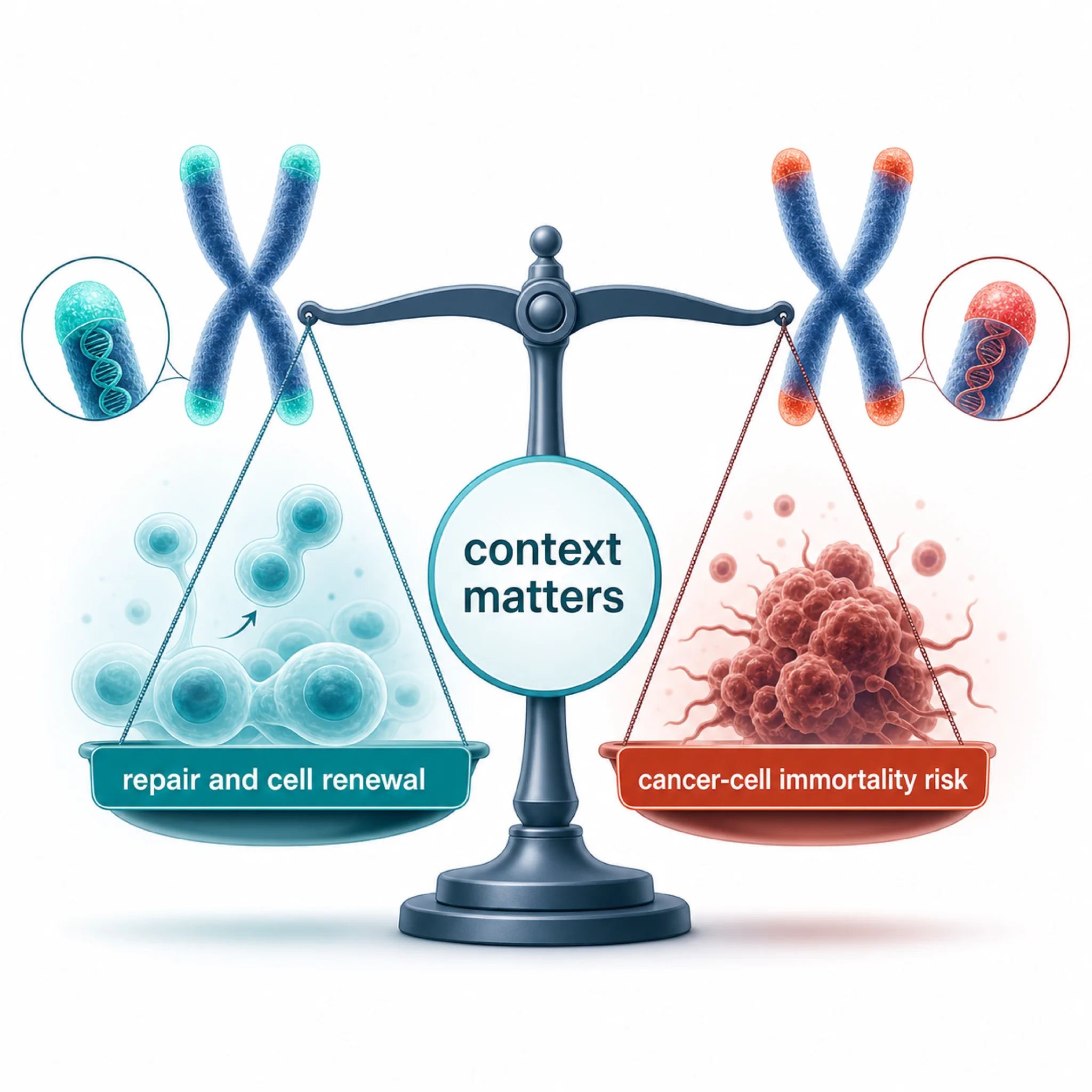 Infographic explaining why telomerase activation requires context and cancer caution