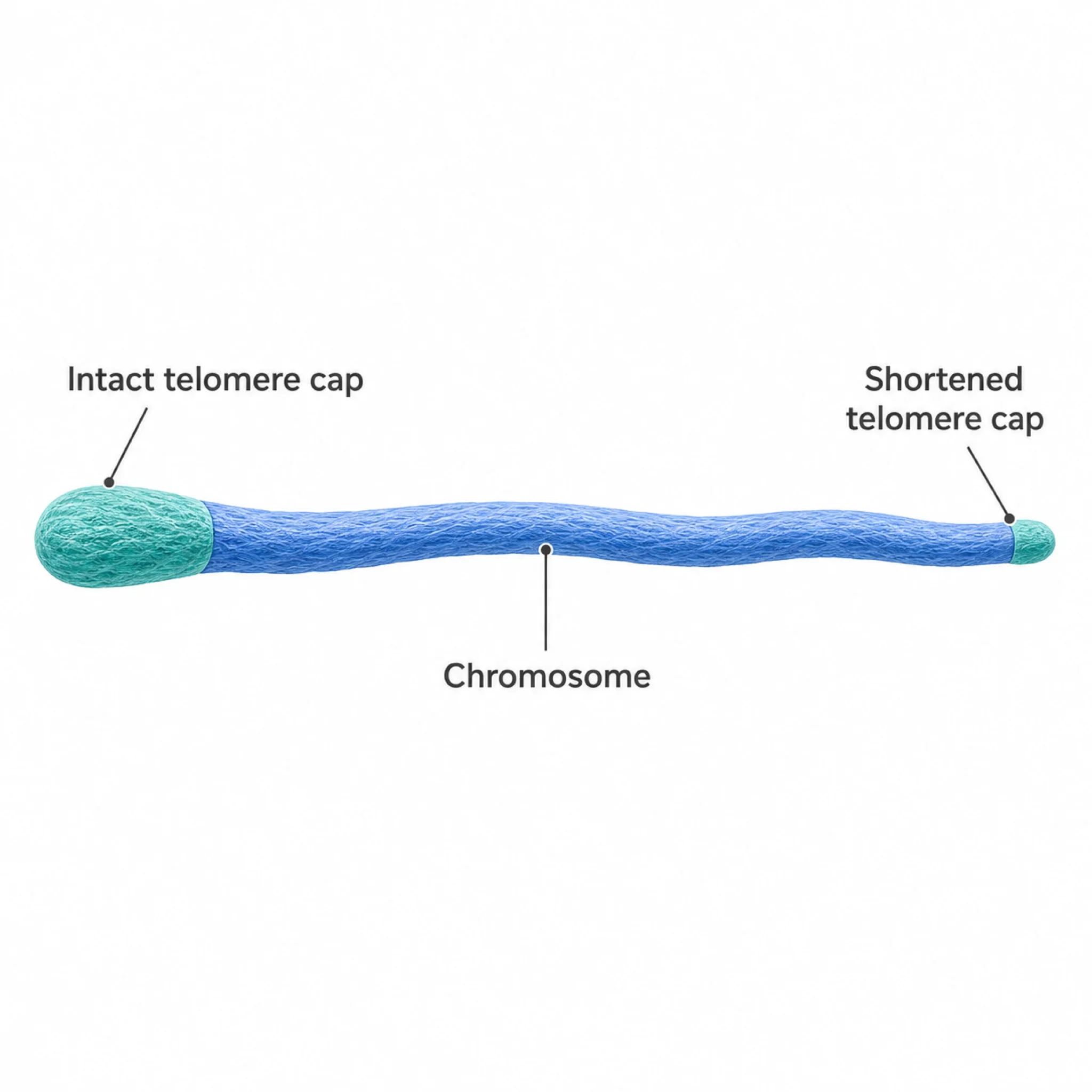 Illustration comparing intact and shortened chromosome telomere caps