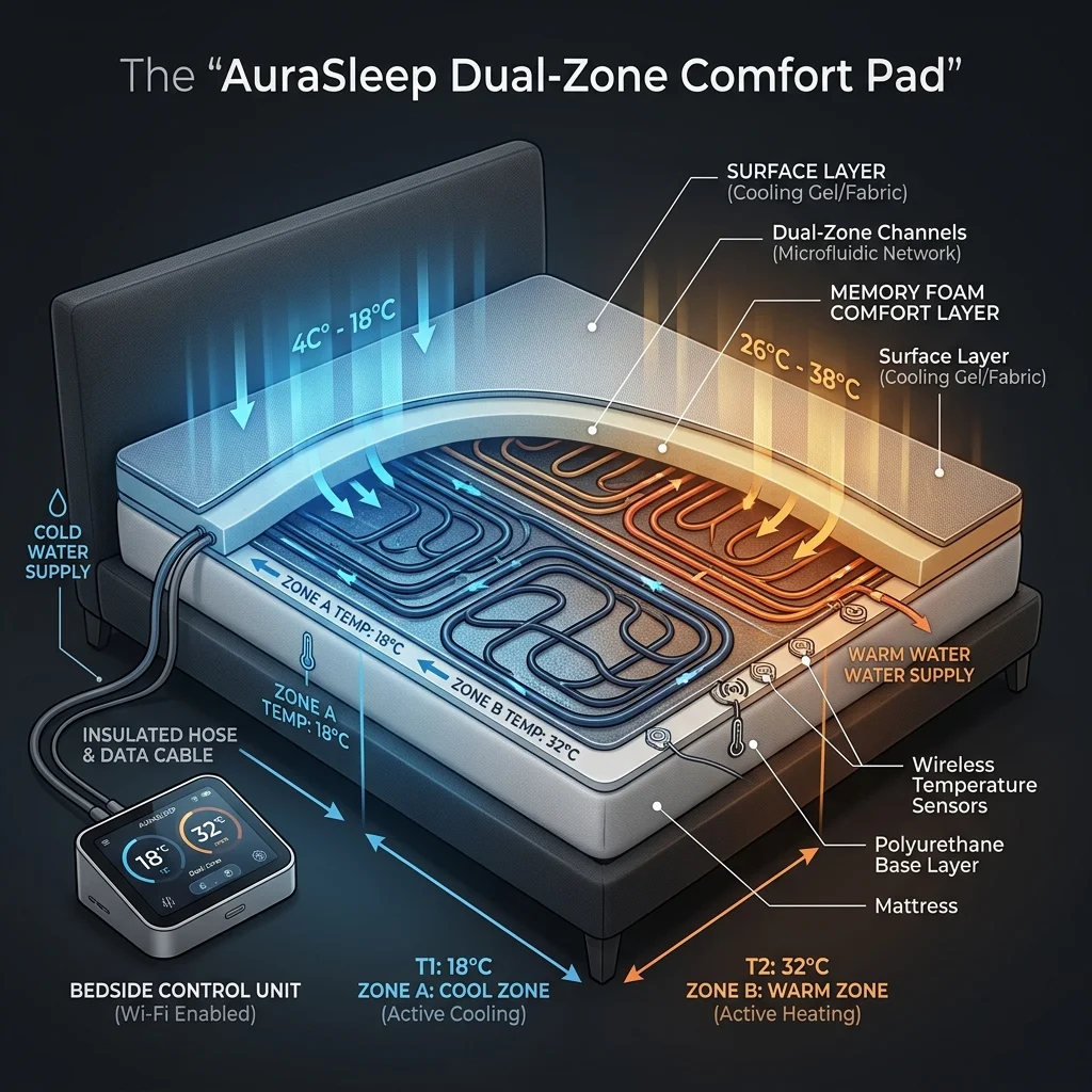 Cross-section diagram of a temperature-controlled smart mattress pad showing dual-zone cooling and heating channels