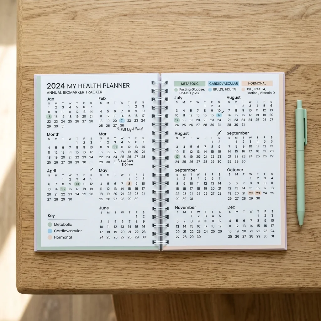 Personal health testing calendar showing biomarker test scheduling throughout the year with color-coded categories