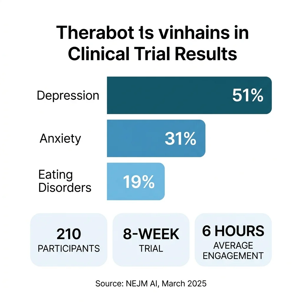 Infographic showing Therabot clinical trial results: 51% depression reduction, 31% anxiety reduction, 19% eating disorder symptom reduction