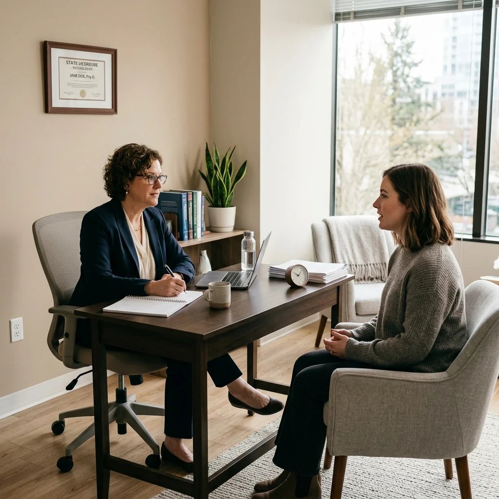 Therapist conducting a professional consultation in a clinical office setting for an ESA evaluation