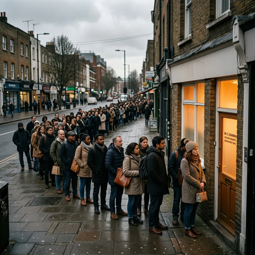 Long line of people waiting outside a therapist office, illustrating the mental health provider shortage