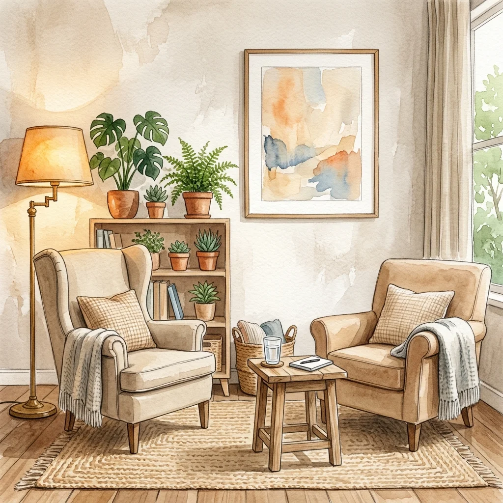 Inviting therapy office with two comfortable chairs, warm lighting, and plants, depicting a calm non-clinical space