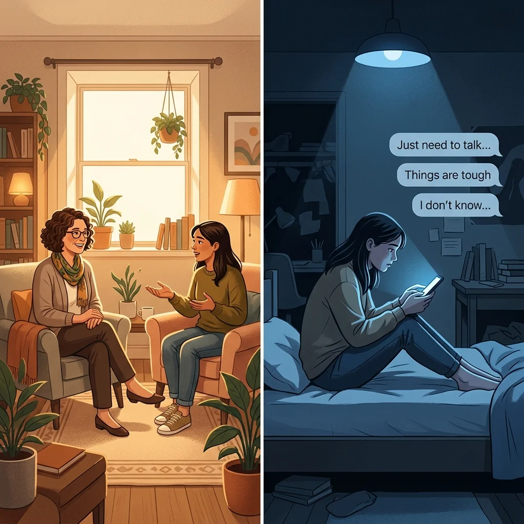 Split illustration comparing traditional in-person therapy with AI chatbot therapy on a phone