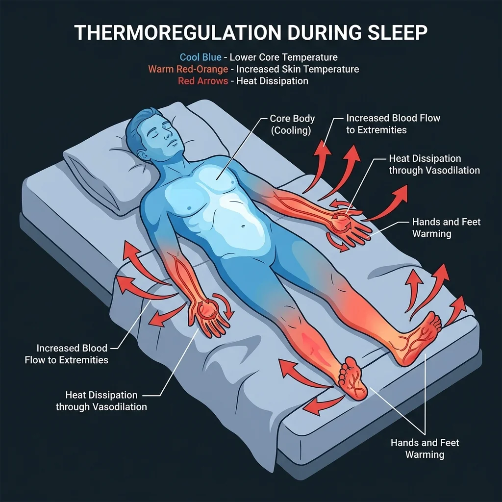 Illustration showing how the body regulates temperature during sleep through vasodilation in the hands and feet