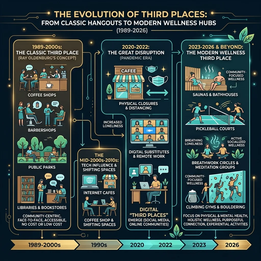Timeline infographic showing evolution of third places from Oldenburg's 1989 concept to modern wellness third places in 2026