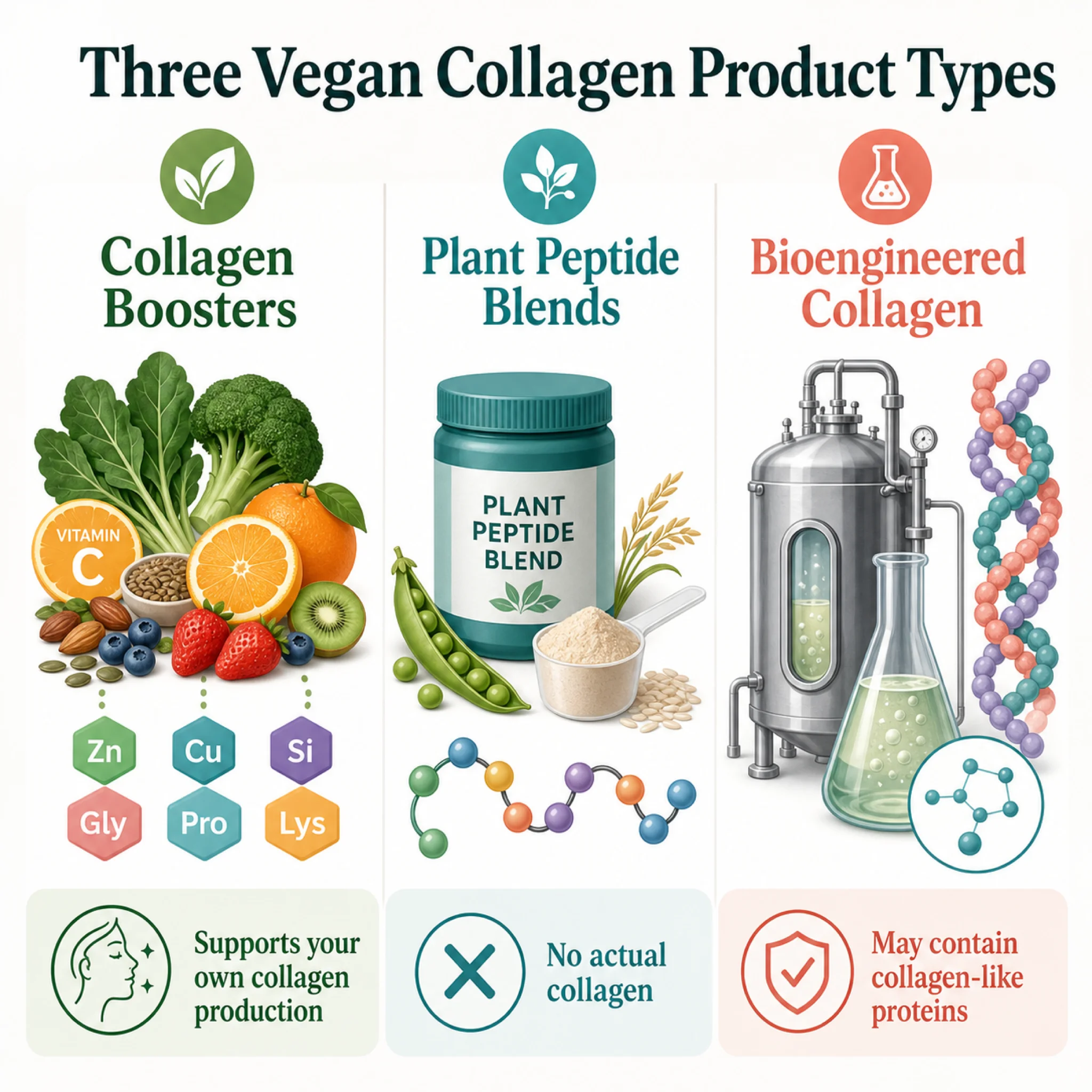 Infographic comparing three categories of vegan collagen supplements: nutrient boosters, recombinant collagen, and plant peptides