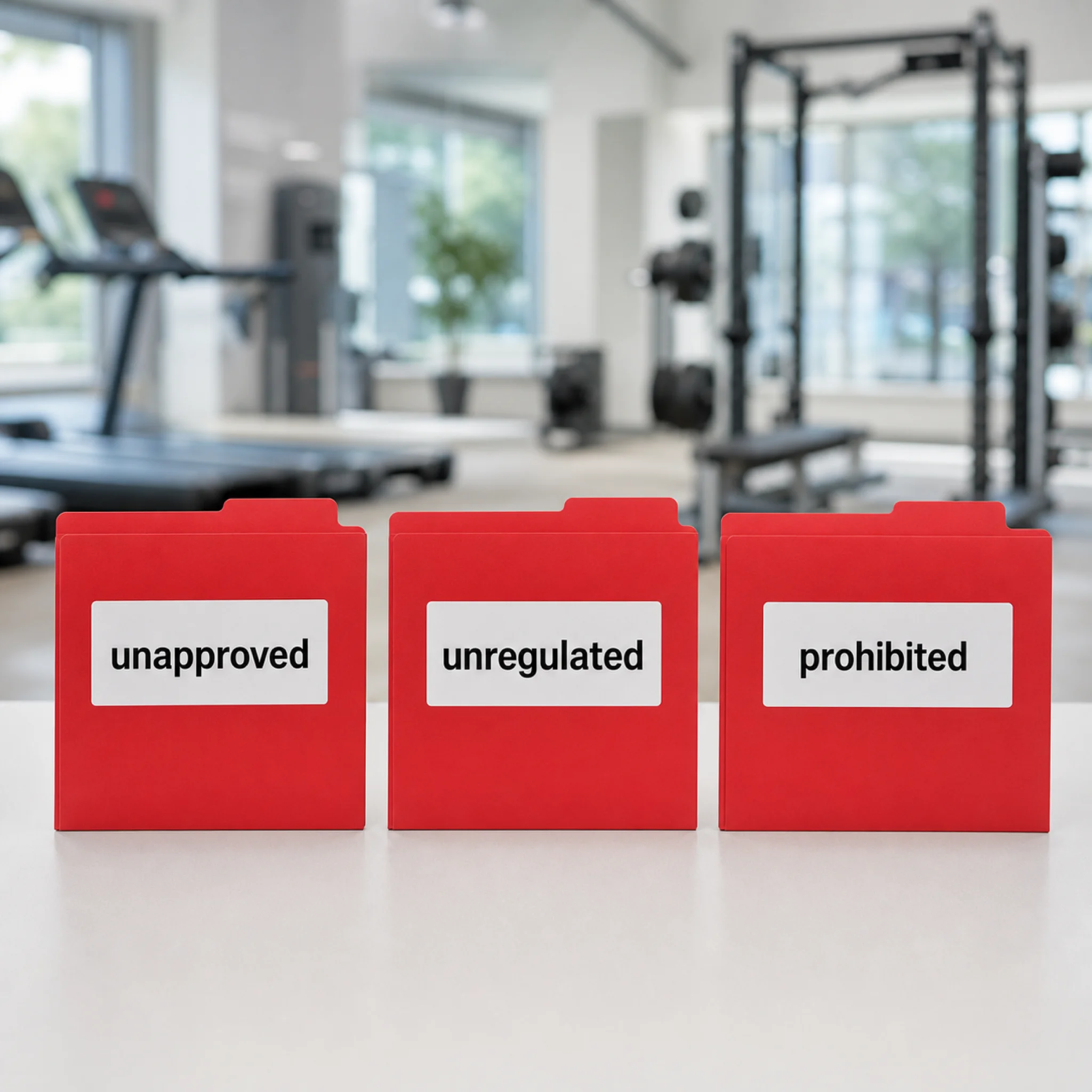 Three warning folders representing high-risk peptide-adjacent compounds to avoid