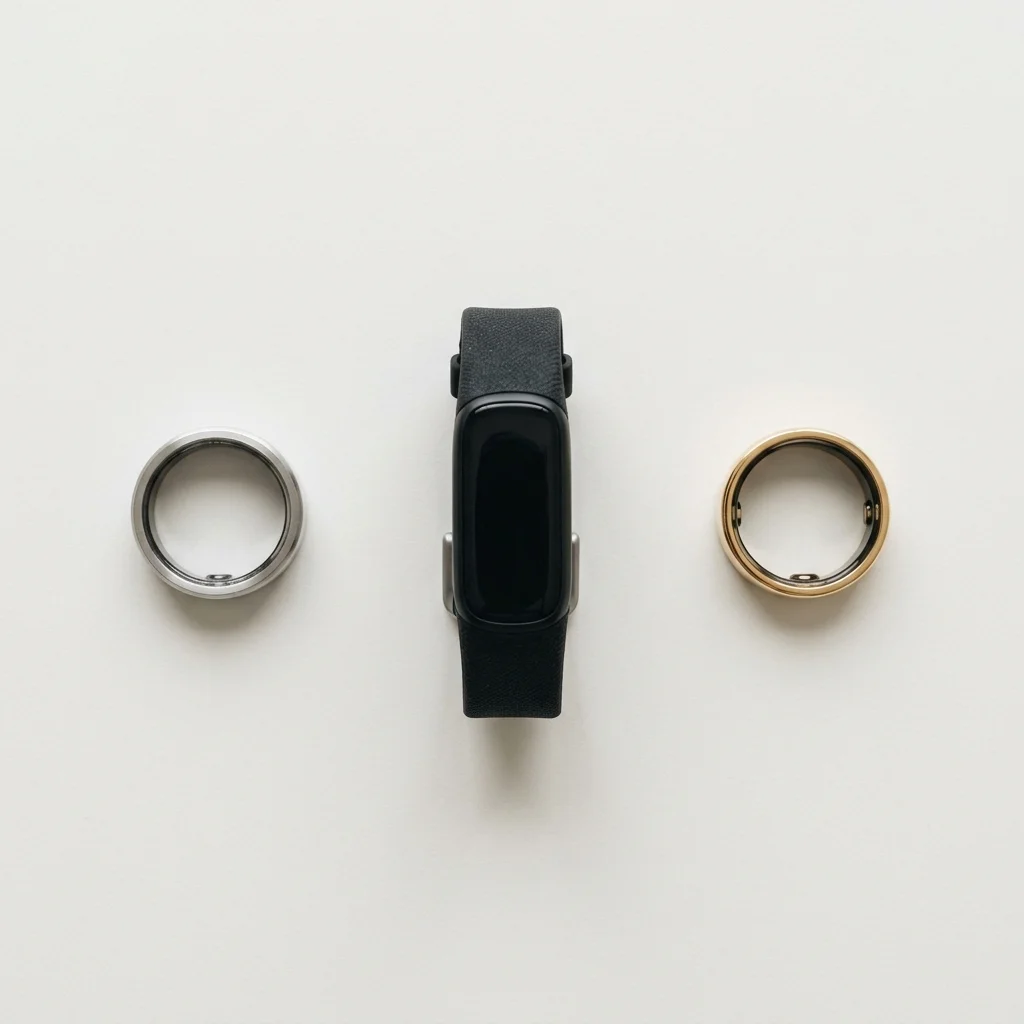 Side-by-side comparison of Oura Ring, WHOOP strap, and Samsung Galaxy Ring on a white surface