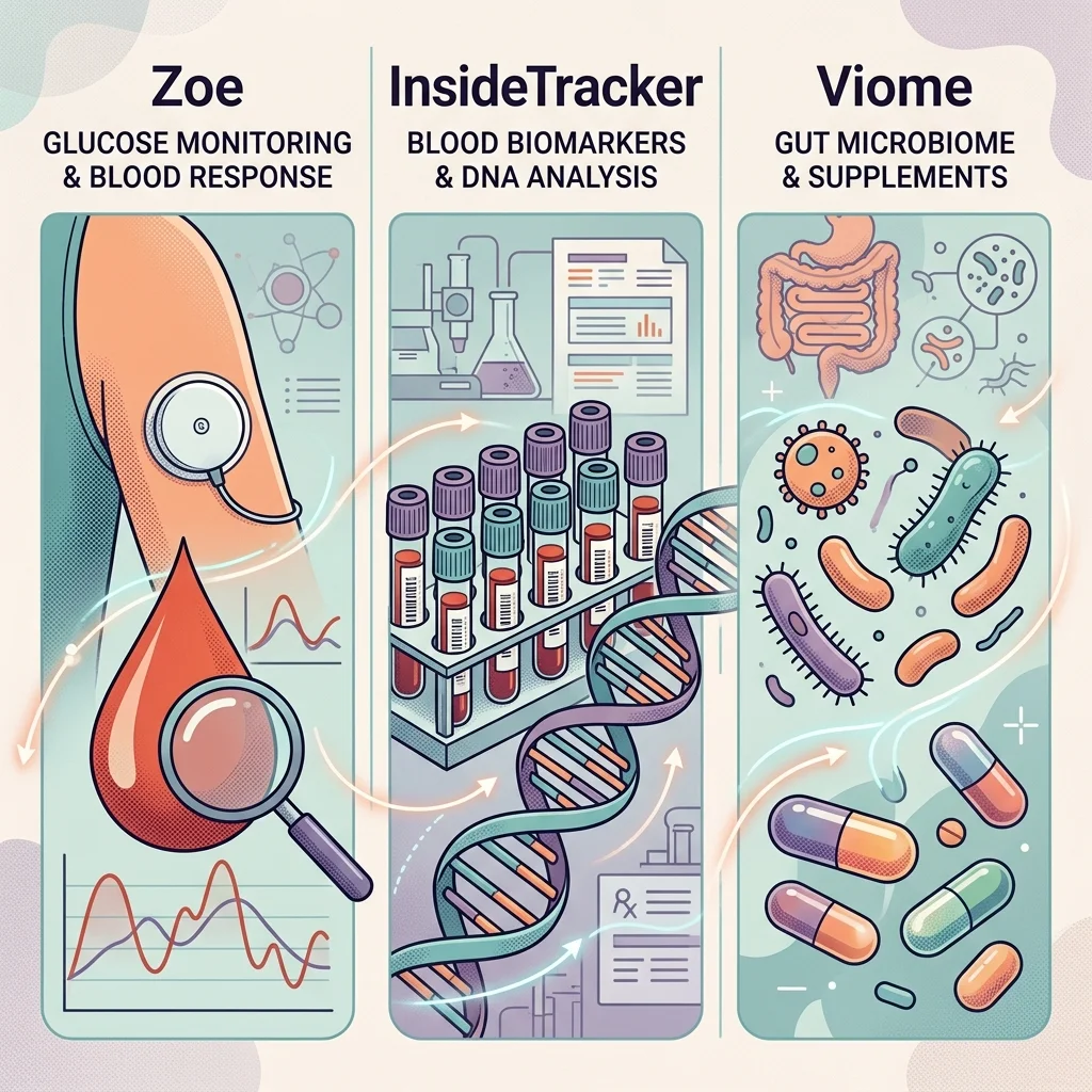 Visual comparison of three personalized nutrition approaches showing different data inputs used by Zoe, InsideTracker, and Viome