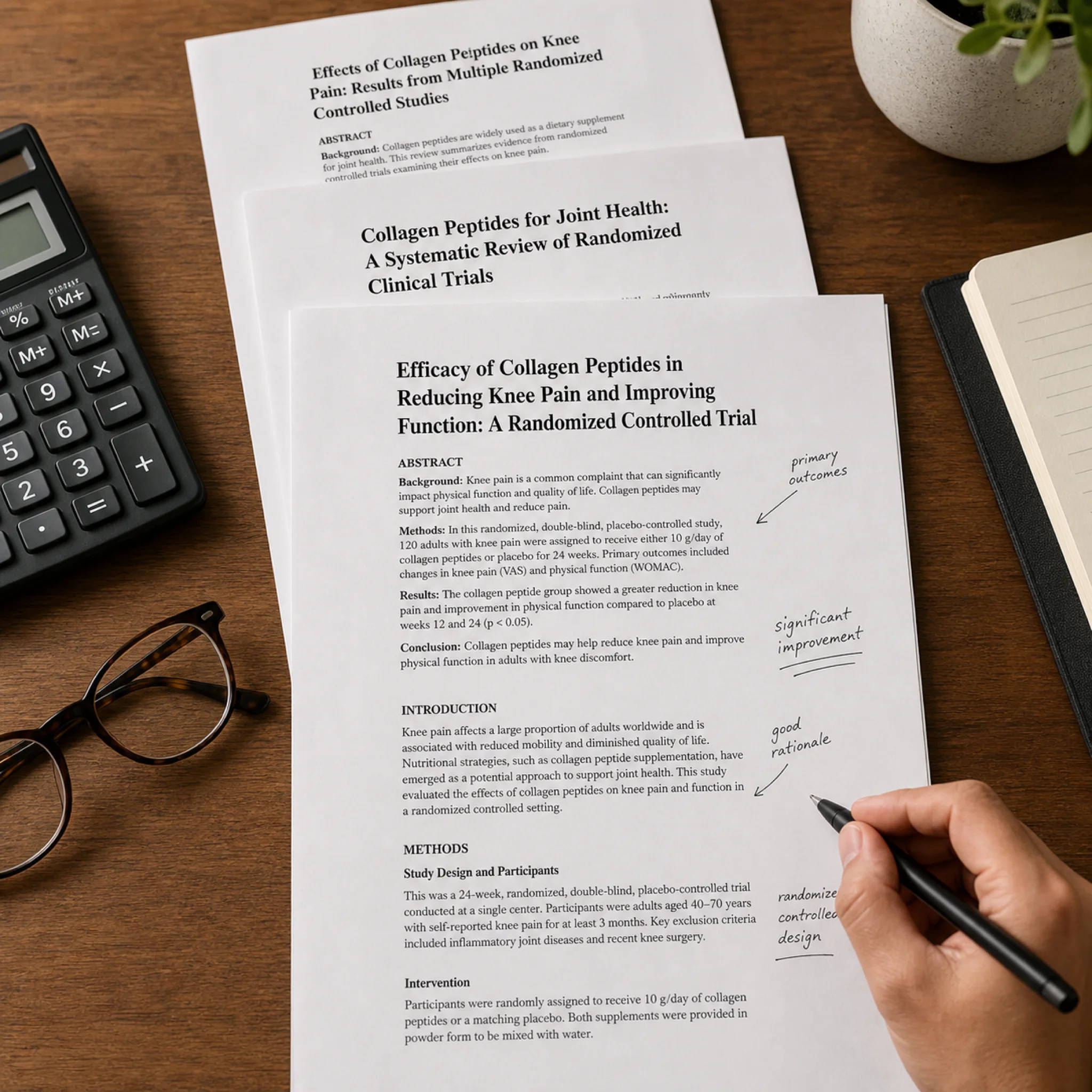 Research desk with three clinical study papers on collagen peptides for knee pain being reviewed