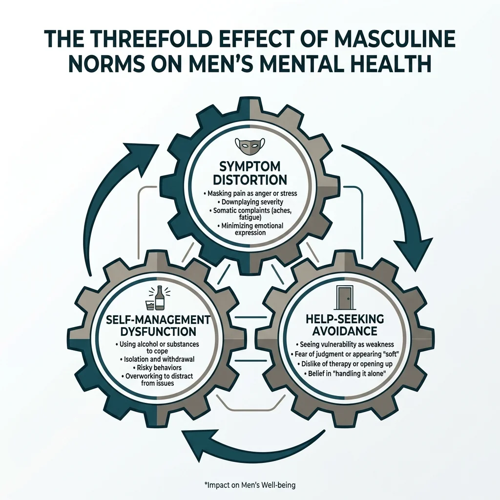 Infographic showing the threefold cycle of how masculine norms affect men's mental health: symptom distortion, help-seeking avoidance, and self-management dysfunction feeding into each other