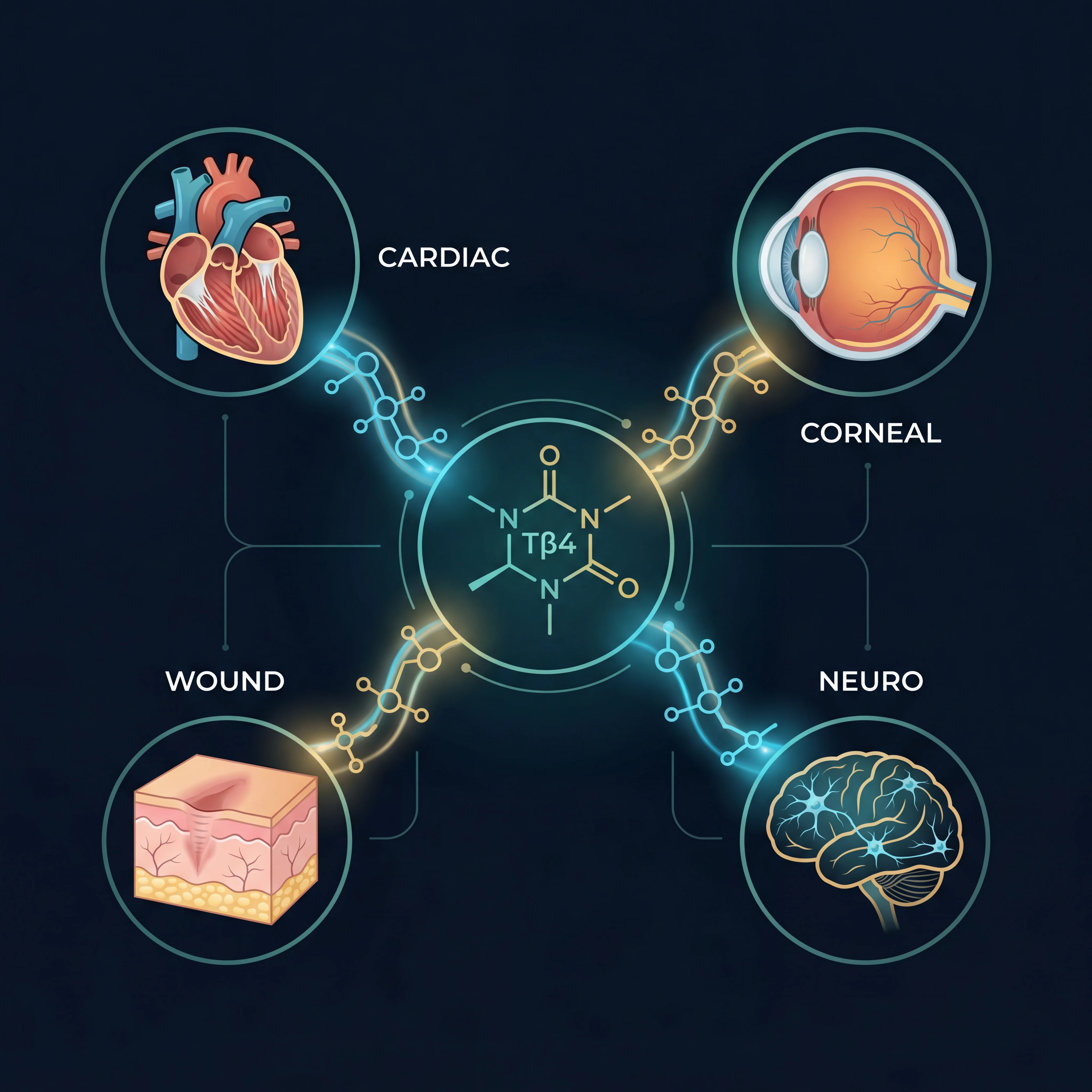 Infographic comparing thymosin beta-4 applications across cardiac, wound healing, and neurological research areas