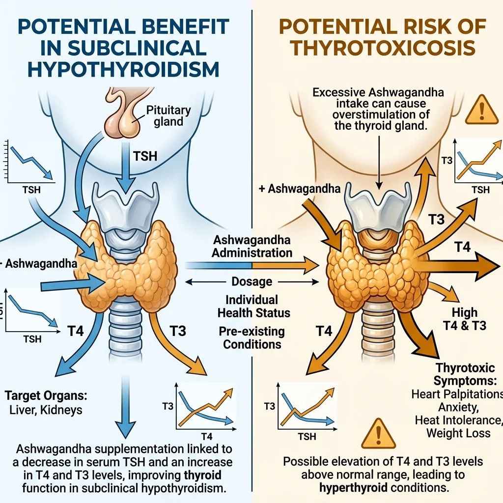 Illustration showing ashwagandha's dual effect on thyroid function in hypothyroid and normal populations