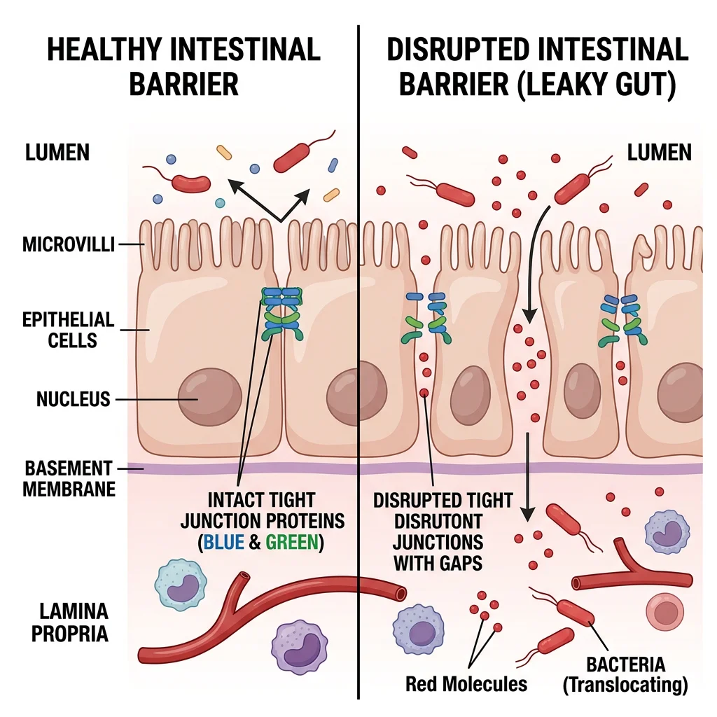 Side-by-side illustration comparing healthy sealed tight junctions between intestinal cells versus disrupted loosened junctions allowing molecules through