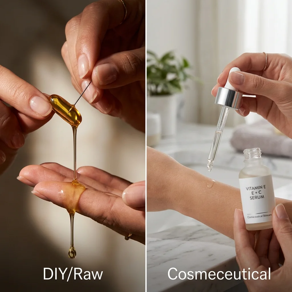 Comparison of TikTok vitamin E capsule trend versus proper cosmeceutical vitamin E serum application