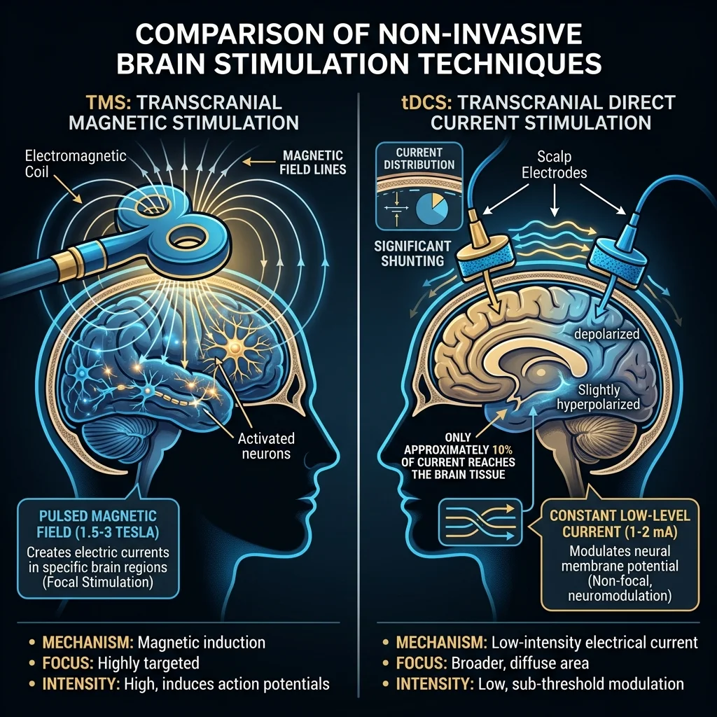 Comparison diagram showing how TMS uses magnetic fields while tDCS uses direct electrical current to stimulate brain tissue