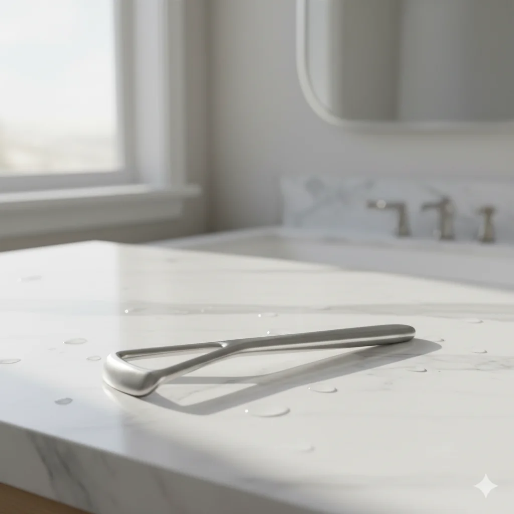 Stainless steel U-shaped tongue scraper resting on a clean white bathroom counter