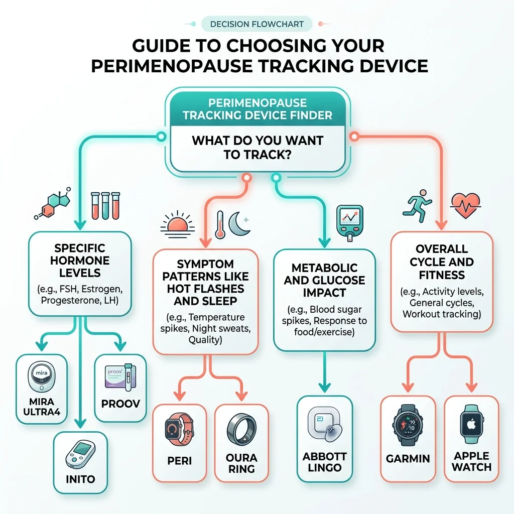 Decision flowchart helping women choose the right perimenopause tracking device based on their specific health monitoring goals
