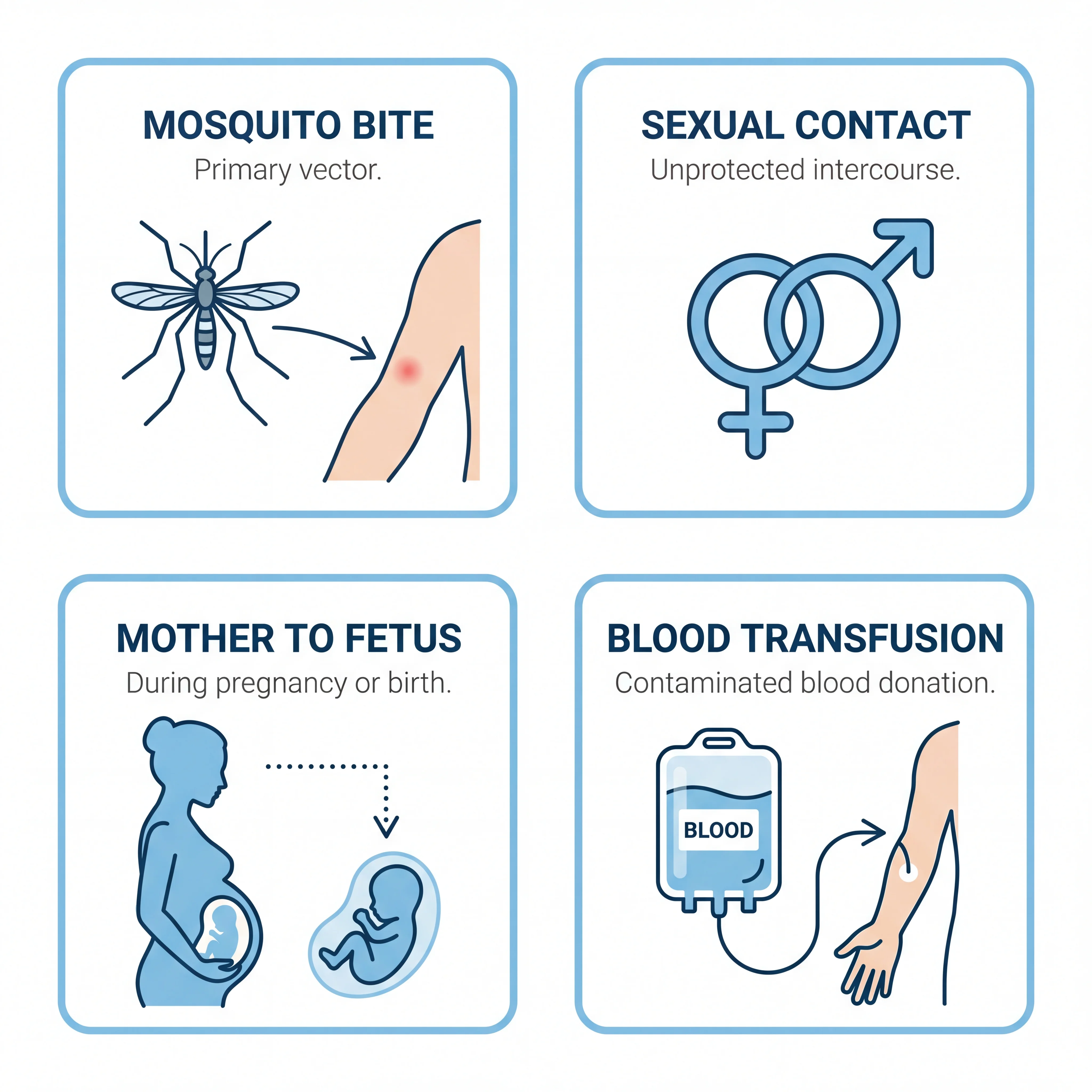 Infographic showing four Zika transmission pathways: mosquito bite, sexual contact, mother to fetus, and blood transfusion