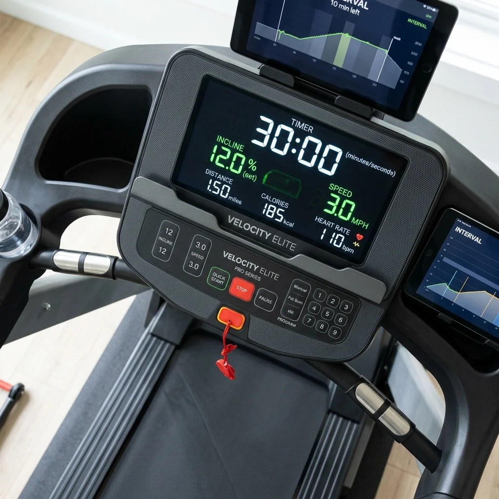 Treadmill display showing 12 percent incline, 3.0 mph speed, and 30-minute timer settings