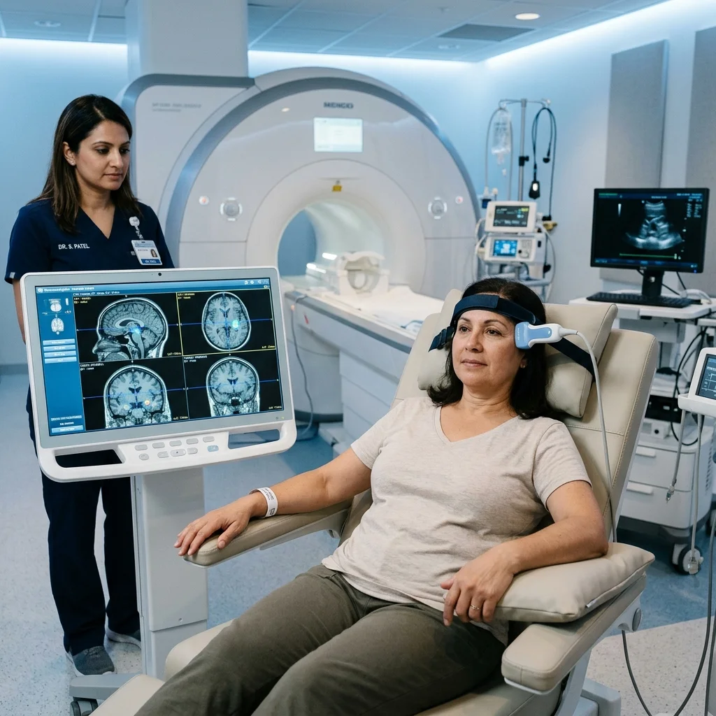 Patient receiving focused ultrasound treatment with a transducer positioned against the temporal bone while a clinician monitors brain targeting on screen