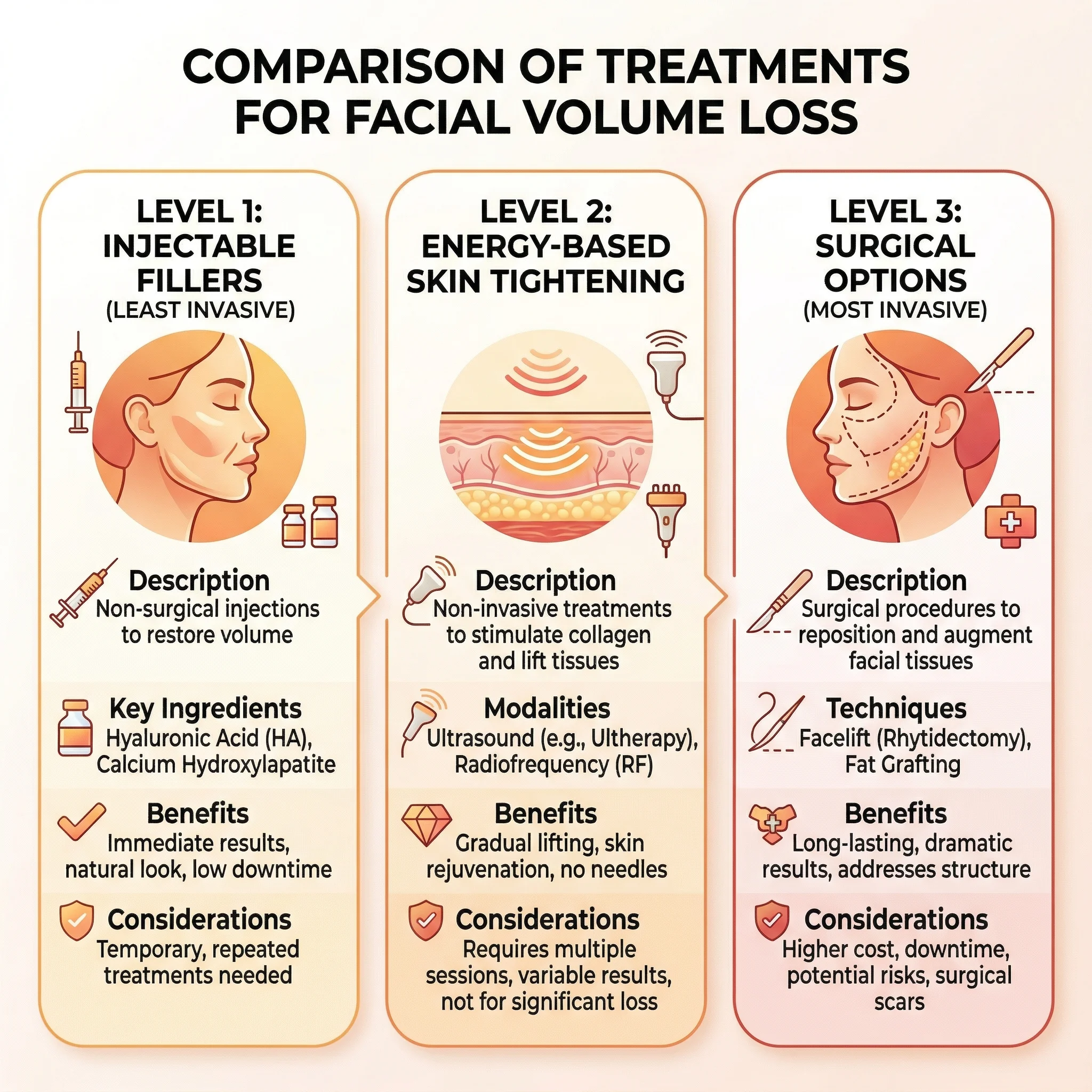 Three treatment tiers for facial volume loss from least to most invasive: injectable fillers, skin tightening devices, and surgical procedures